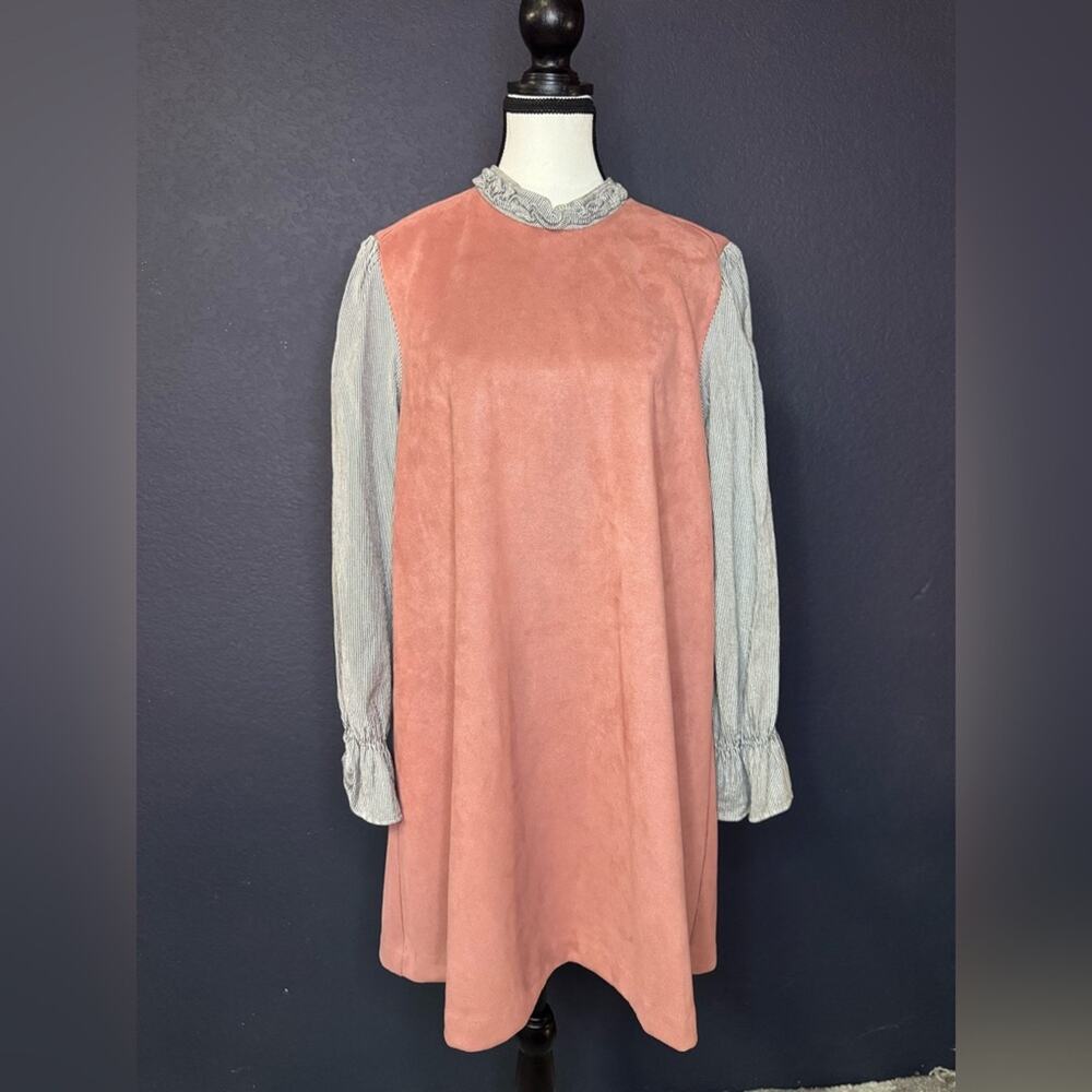 Sister Jane Pink Velvet Ruffle Neck Shift Dress | Size L